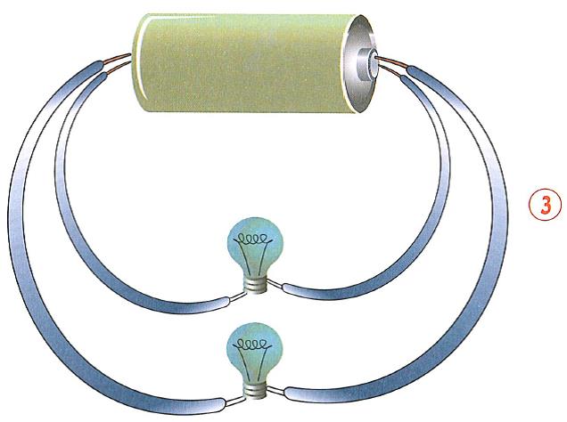 (בספר איור של סוללה שאליה מחוברות שתי נורות)